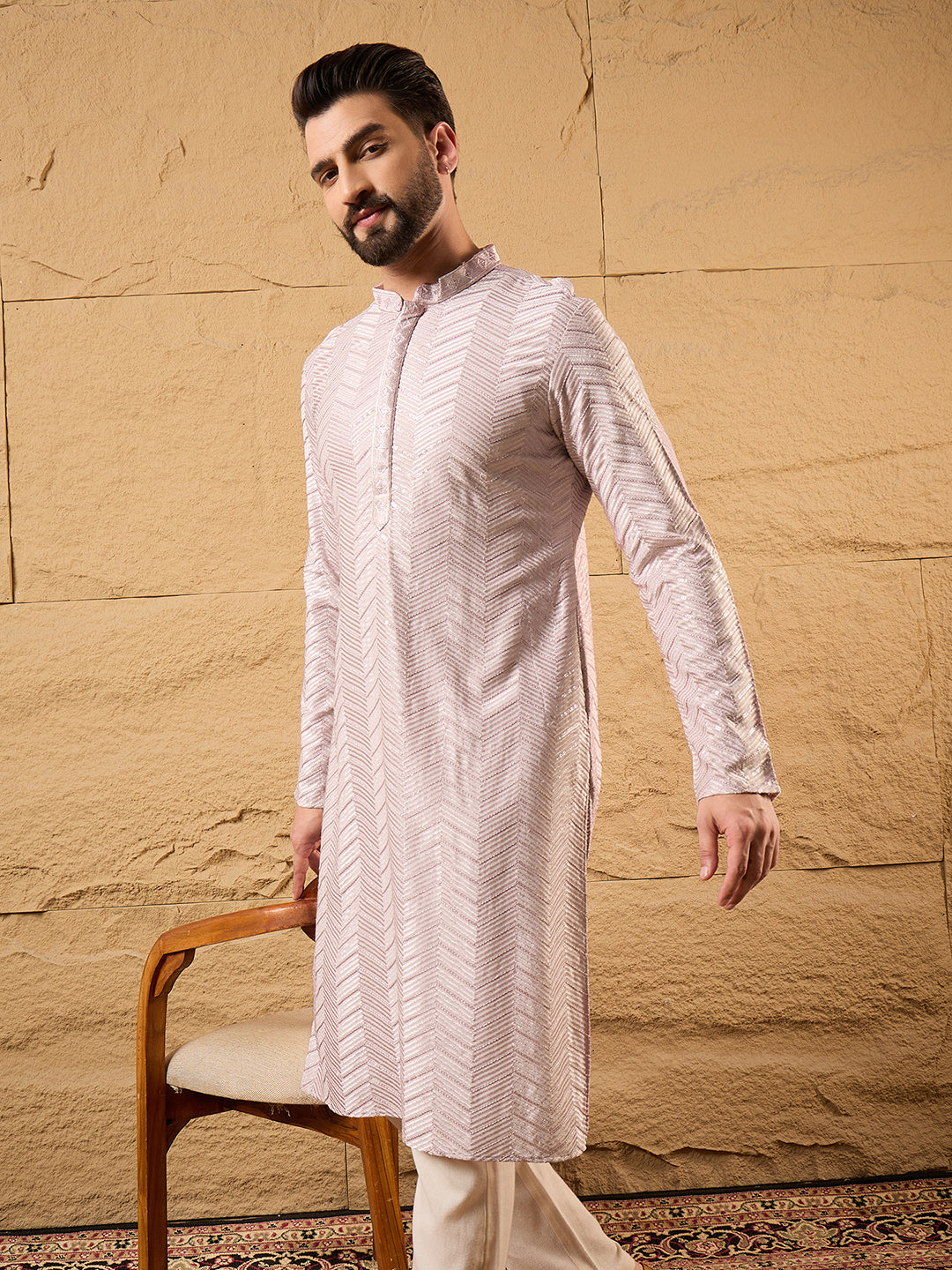 Men Lavender Viscose Rayon Solid Embroidered Straight Kurta with Trousers-MKSET1101
