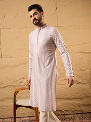 Men Lavender Viscose Rayon Solid Embroidered Straight Kurta with Trousers-MKSET1101