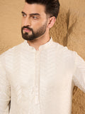 Men Off White Viscose Rayon Solid Embroidered Straight Kurta with Trousers-MKSET1102