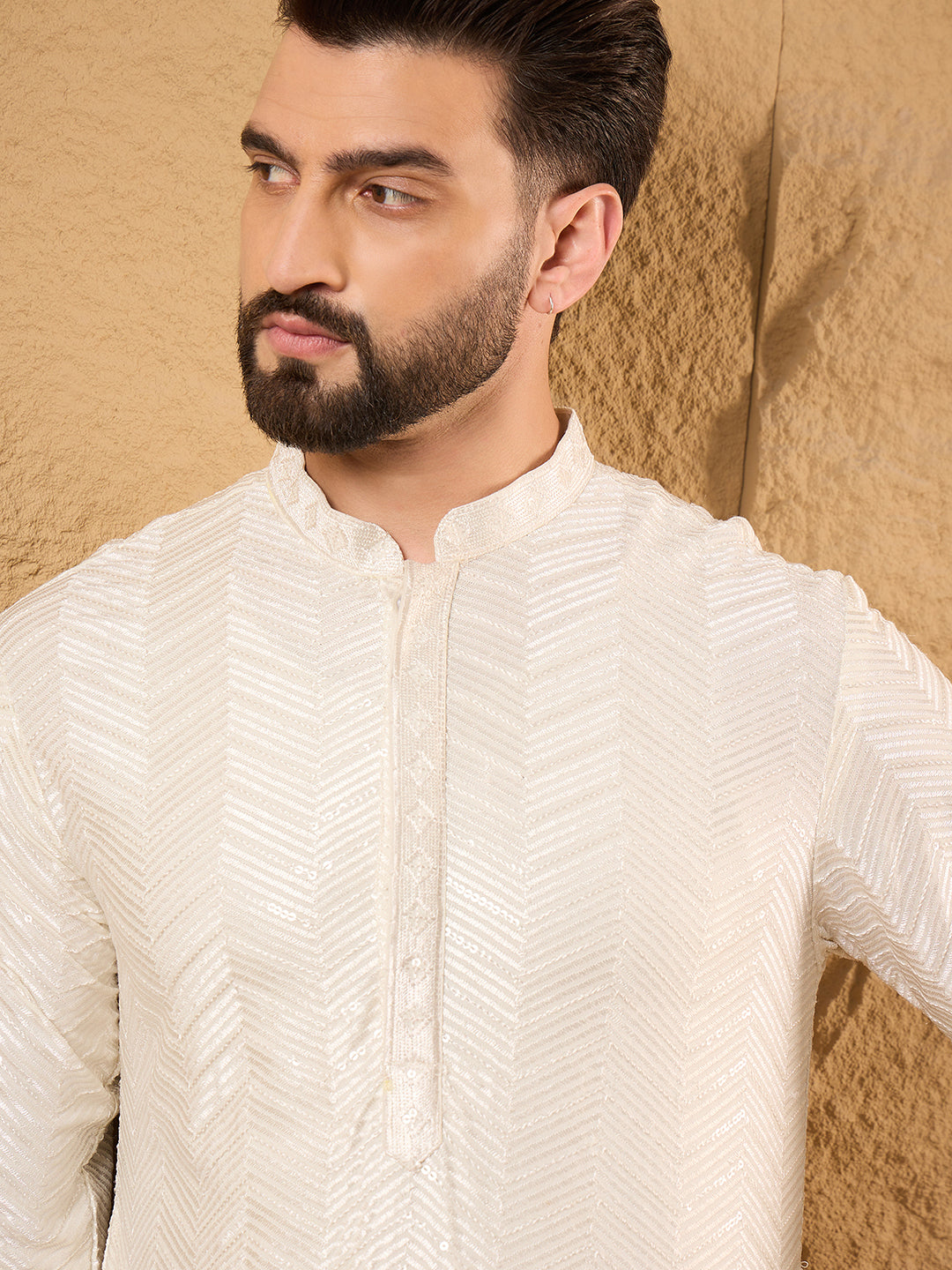 Men Off White Viscose Rayon Solid Embroidered Straight Kurta with Trousers-MKSET1102