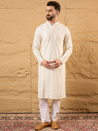 Men Off White Viscose Rayon Solid Embroidered Straight Kurta with Trousers-MKSET1102