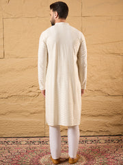 Men Off White Viscose Rayon Solid Embroidered Straight Kurta with Trousers-MKSET1102