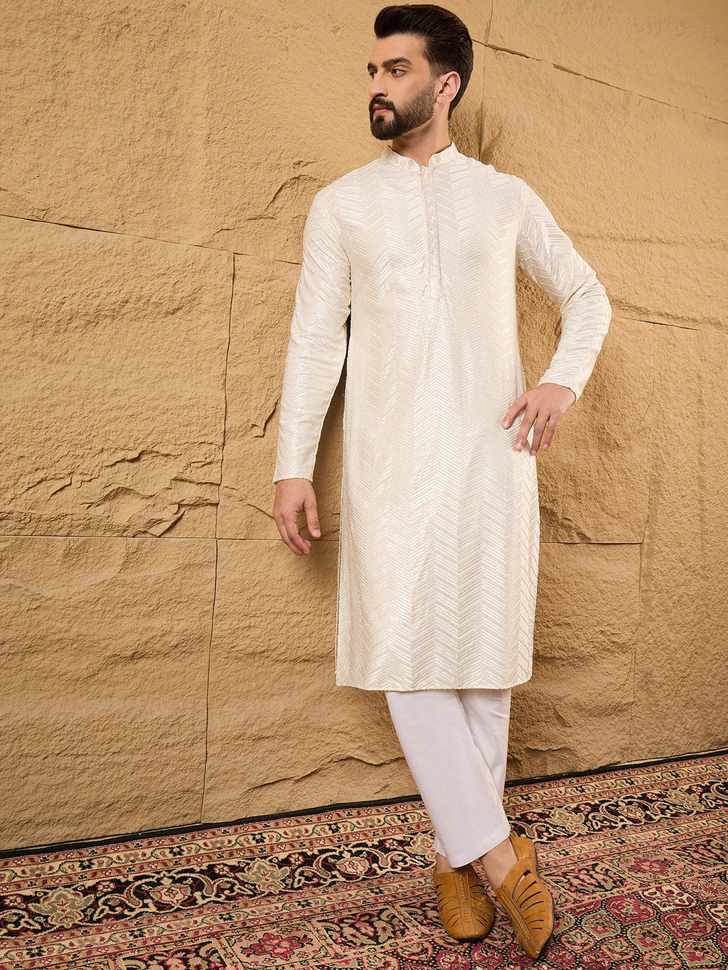Men Off White Viscose Rayon Solid Embroidered Straight Kurta with Trousers-MKSET1102