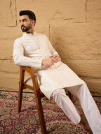 Men Off White Viscose Rayon Solid Embroidered Straight Kurta with Trousers-MKSET1102
