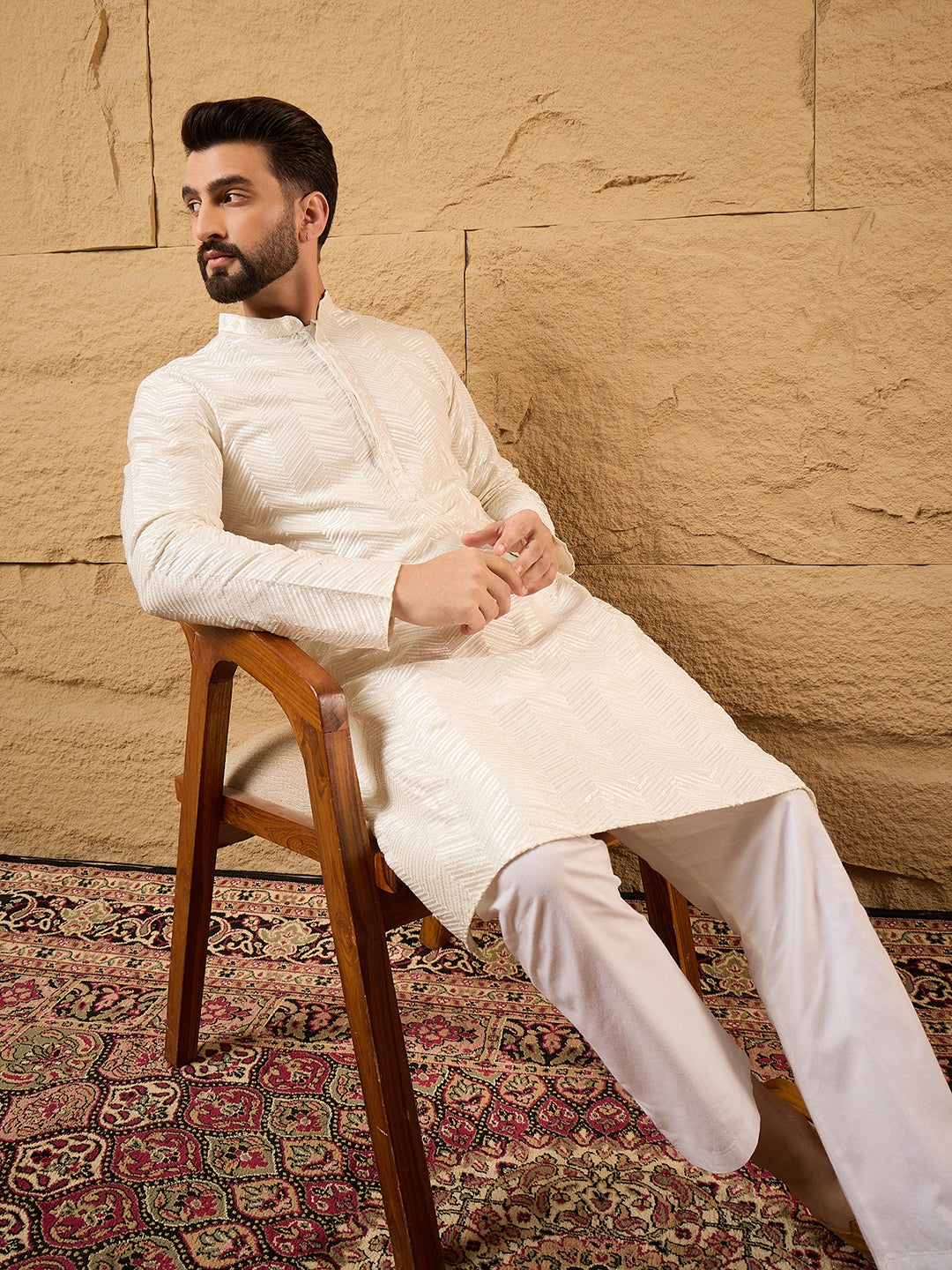 Men Off White Viscose Rayon Solid Embroidered Straight Kurta with Trousers-MKSET1102