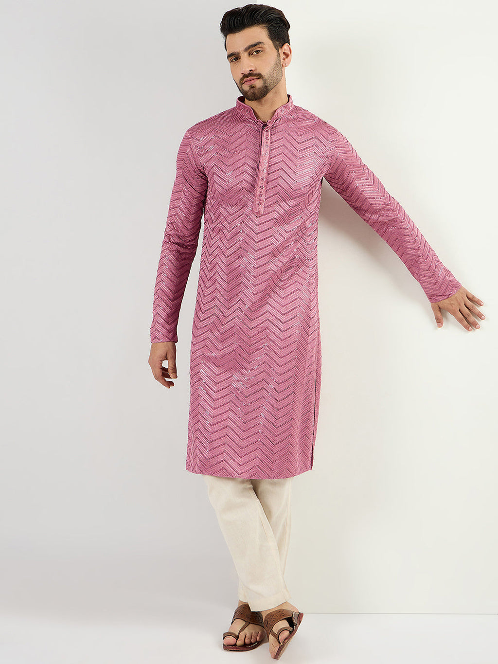 Men Pink Viscose Rayon Solid Embroidered Straight Kurta with Trouser-MKSET1103