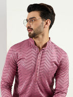 Men Pink Viscose Rayon Solid Embroidered Straight Kurta with Trouser-MKSET1103