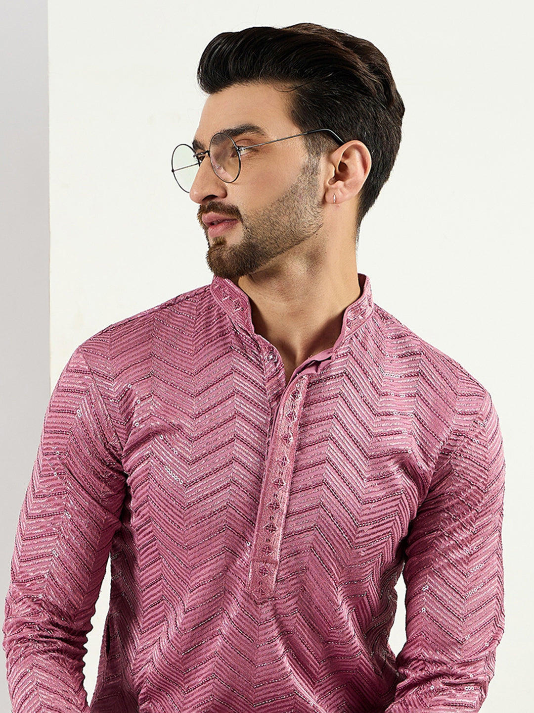 Men Pink Viscose Rayon Solid Embroidered Straight Kurta with Trouser-MKSET1103