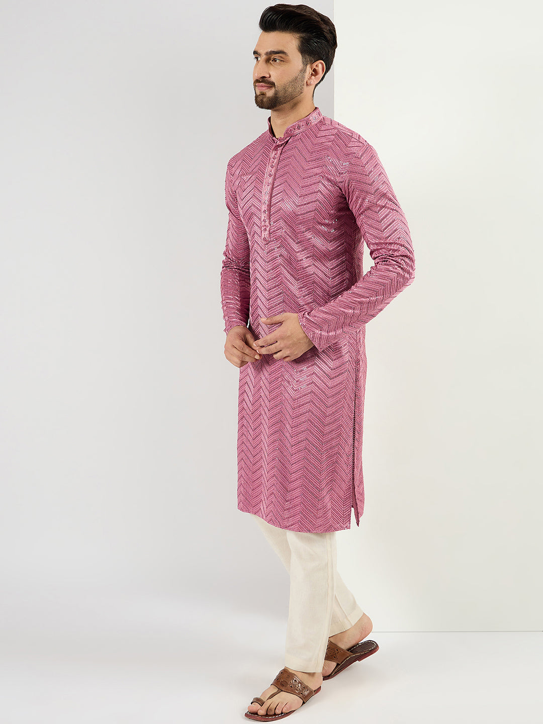Men Pink Viscose Rayon Solid Embroidered Straight Kurta with Trouser-MKSET1103