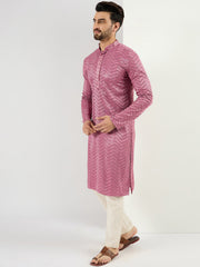 Men Pink Viscose Rayon Solid Embroidered Straight Kurta with Trouser-MKSET1103