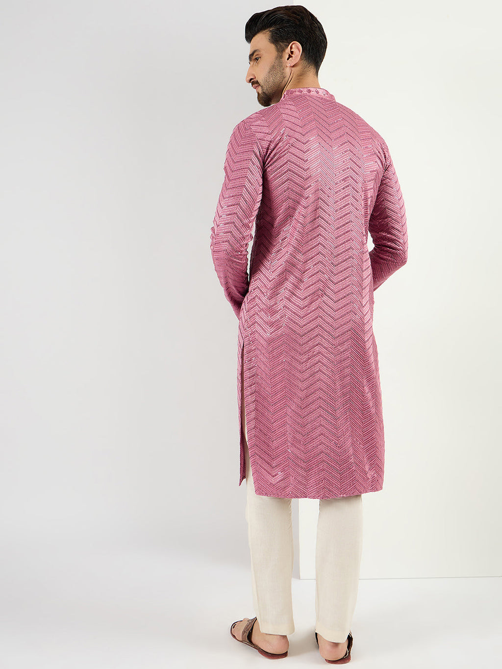Men Pink Viscose Rayon Solid Embroidered Straight Kurta with Trouser-MKSET1103