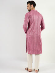 Men Pink Viscose Rayon Solid Embroidered Straight Kurta with Trouser-MKSET1103