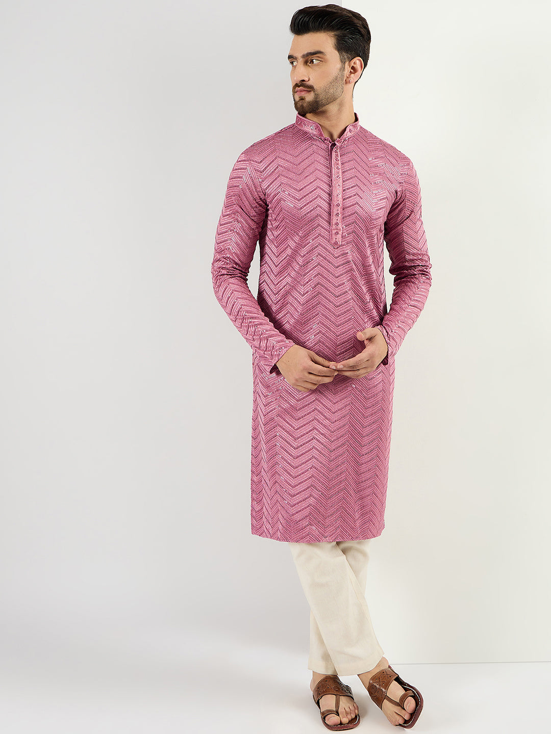 Men Pink Viscose Rayon Solid Embroidered Straight Kurta with Trouser-MKSET1103