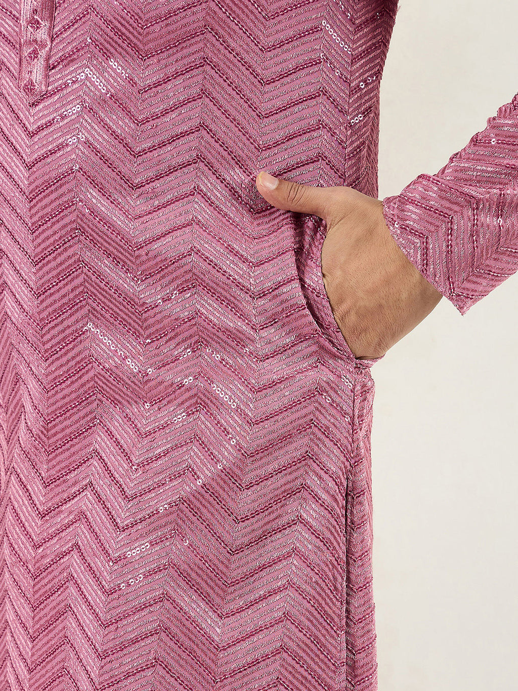 Men Pink Viscose Rayon Solid Embroidered Straight Kurta with Trouser-MKSET1103
