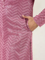 Men Pink Viscose Rayon Solid Embroidered Straight Kurta with Trouser-MKSET1103