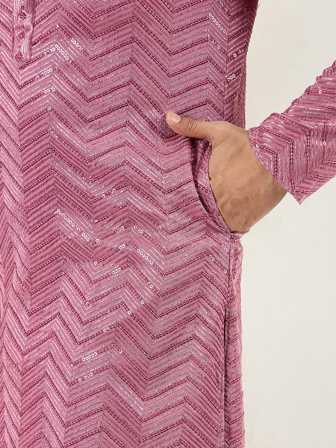 Men Pink Viscose Rayon Solid Embroidered Straight Kurta with Trouser-MKSET1103