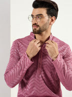 Men Pink Viscose Rayon Solid Embroidered Straight Kurta with Trouser-MKSET1103