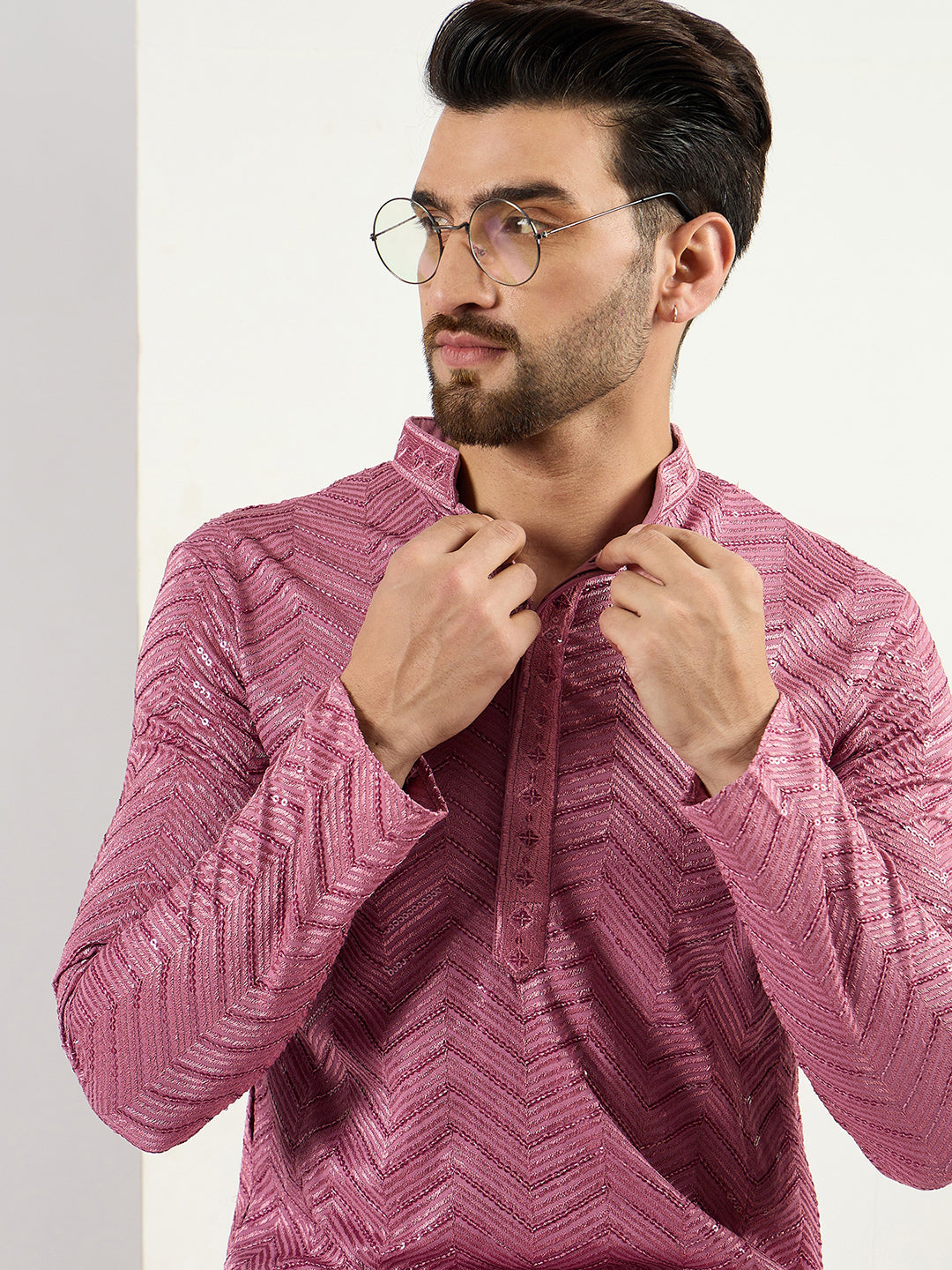Men Pink Viscose Rayon Solid Embroidered Straight Kurta with Trouser-MKSET1103