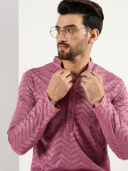 Men Pink Viscose Rayon Solid Embroidered Straight Kurta with Trouser-MKSET1103