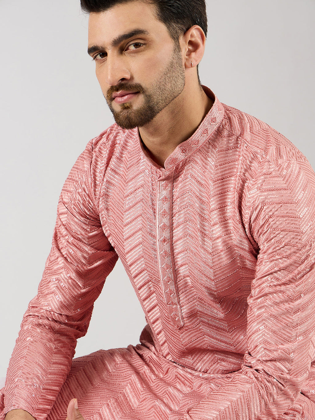 Men Peach Viscose Rayon Solid Embroidered Straight Kurta with Trousers-MKSET1104