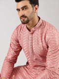 Men Peach Viscose Rayon Solid Embroidered Straight Kurta with Trousers-MKSET1104