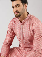 Men Peach Viscose Rayon Solid Embroidered Straight Kurta with Trousers-MKSET1104