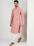 Men Peach Viscose Rayon Solid Embroidered Straight Kurta with Trousers-MKSET1104