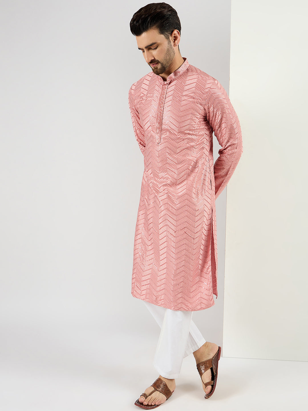 Men Peach Viscose Rayon Solid Embroidered Straight Kurta with Trousers-MKSET1104