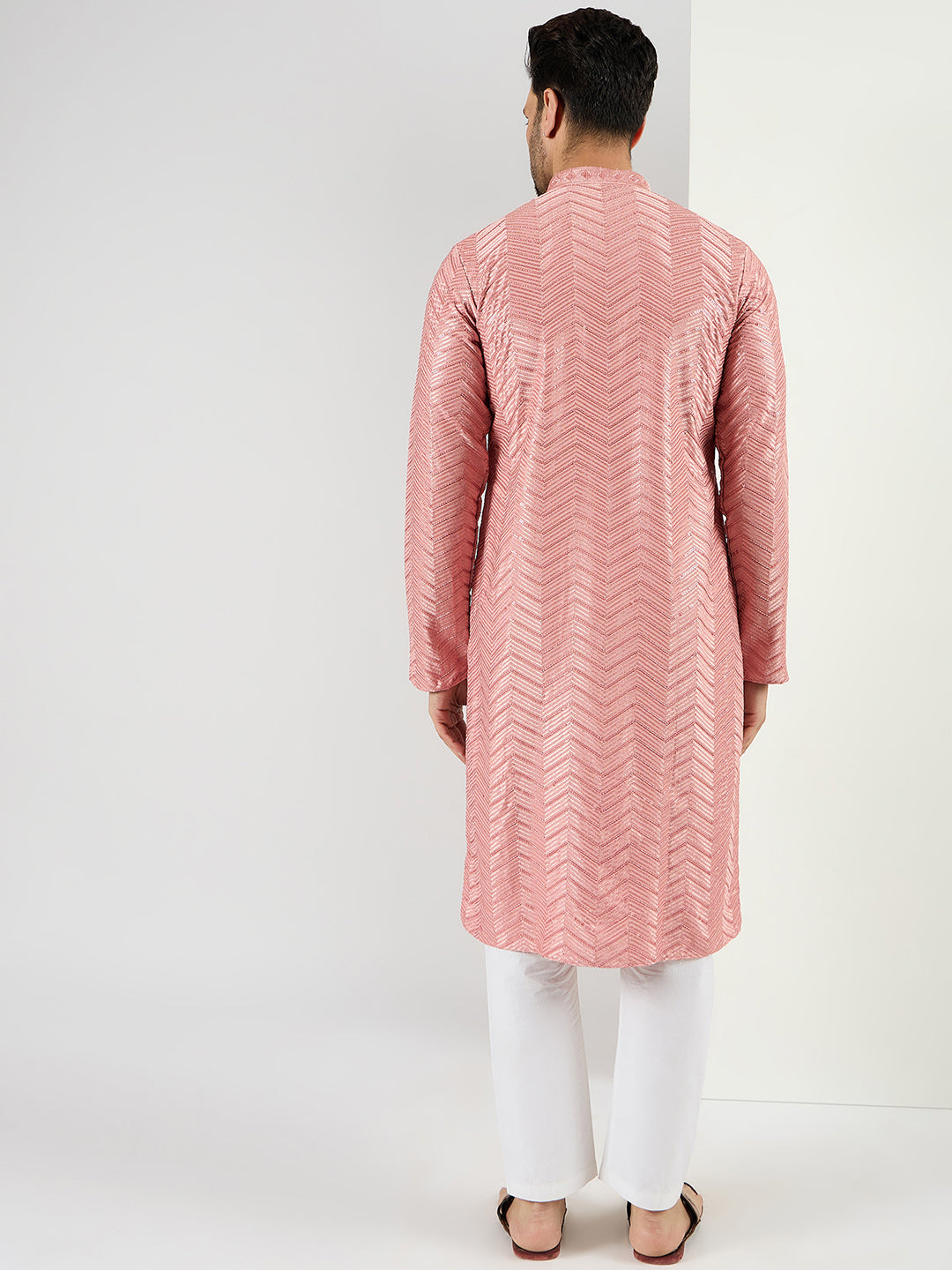 Men Peach Viscose Rayon Solid Embroidered Straight Kurta with Trousers-MKSET1104