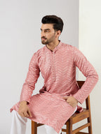 Men Peach Viscose Rayon Solid Embroidered Straight Kurta with Trousers-MKSET1104