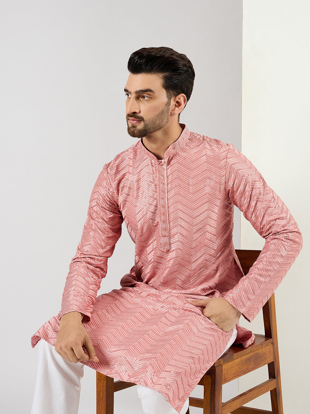 Men Peach Viscose Rayon Solid Embroidered Straight Kurta with Trousers-MKSET1104