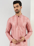 Men Peach Viscose Rayon Solid Embroidered Straight Kurta with Trousers-MKSET1104