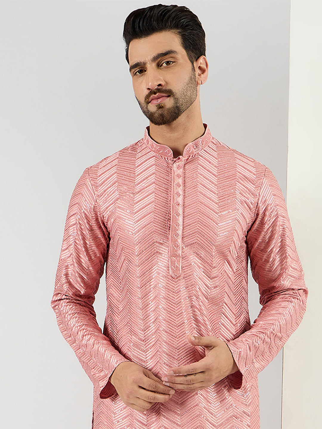 Men Peach Viscose Rayon Solid Embroidered Straight Kurta with Trousers-MKSET1104