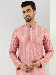 Men Peach Viscose Rayon Solid Embroidered Straight Kurta with Trousers-MKSET1104