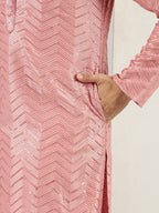 Men Peach Viscose Rayon Solid Embroidered Straight Kurta with Trousers-MKSET1104