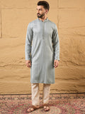 Men Grey Viscose Rayon Solid Embroidered Straight Kurta with Trouser-MKSET1106