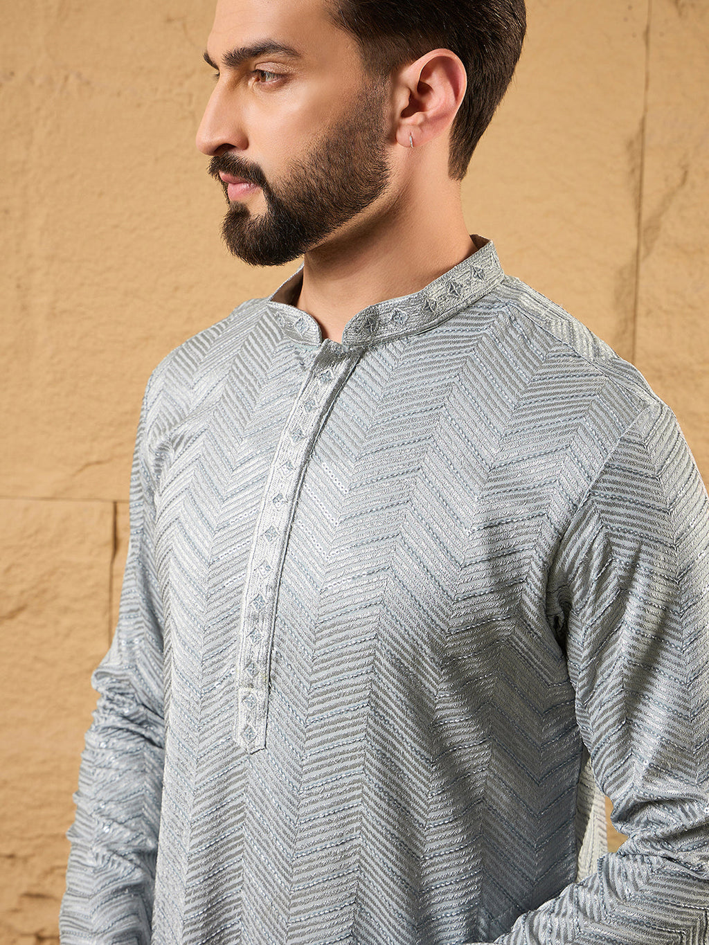 Men Grey Viscose Rayon Solid Embroidered Straight Kurta with Trouser-MKSET1106