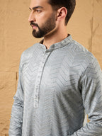 Men Grey Viscose Rayon Solid Embroidered Straight Kurta with Trouser-MKSET1106