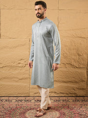 Men Grey Viscose Rayon Solid Embroidered Straight Kurta with Trouser-MKSET1106