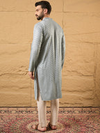 Men Grey Viscose Rayon Solid Embroidered Straight Kurta with Trouser-MKSET1106