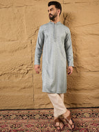 Men Grey Viscose Rayon Solid Embroidered Straight Kurta with Trouser-MKSET1106