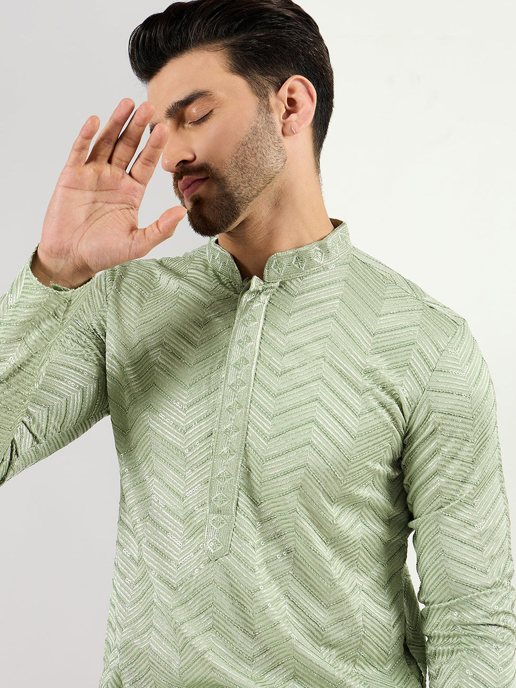 Men Green Viscose Rayon Solid Embroidered Straight Kurta with Trousers-MKSET1109