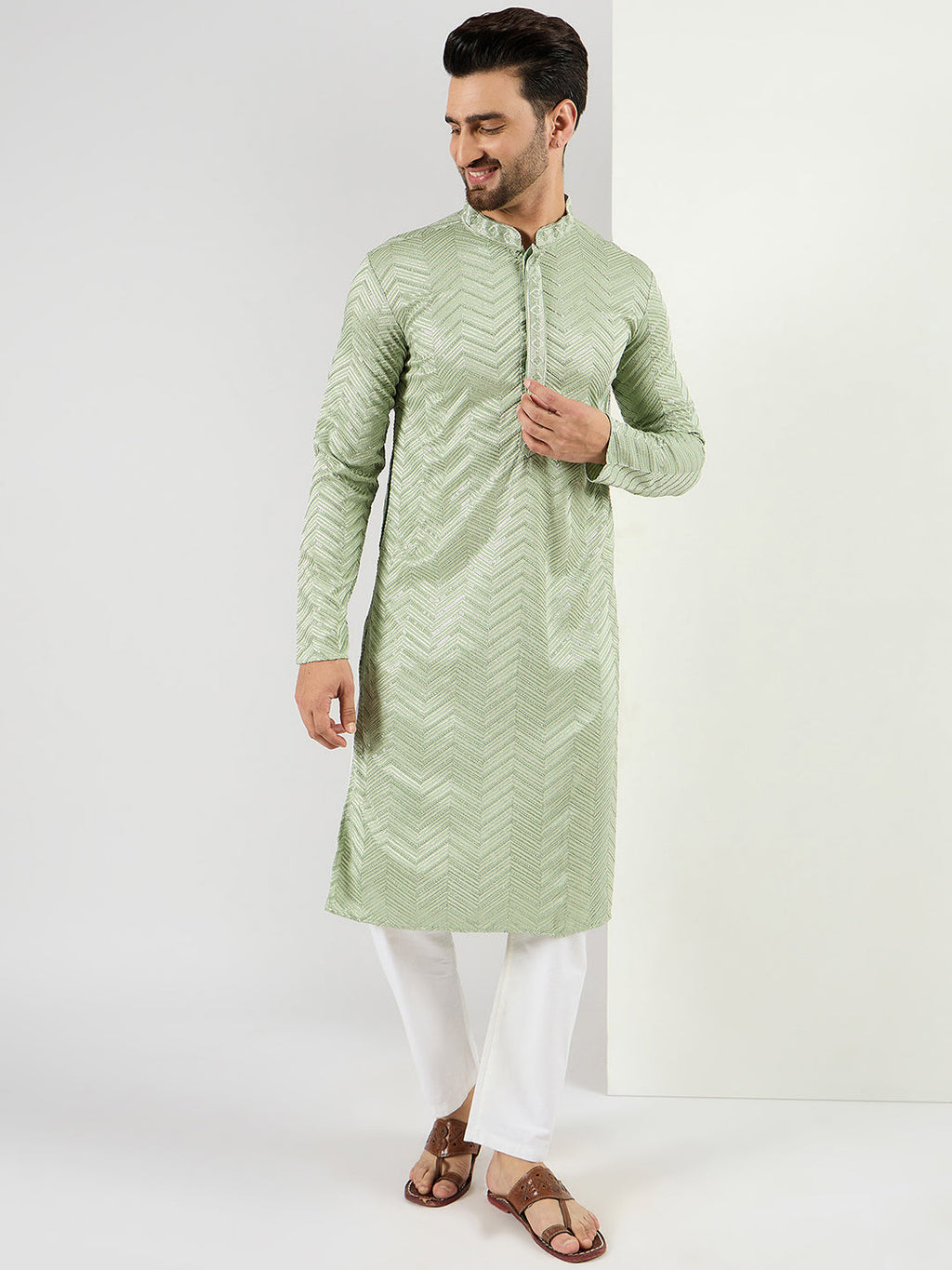 Men Green Viscose Rayon Solid Embroidered Straight Kurta with Trousers-MKSET1109