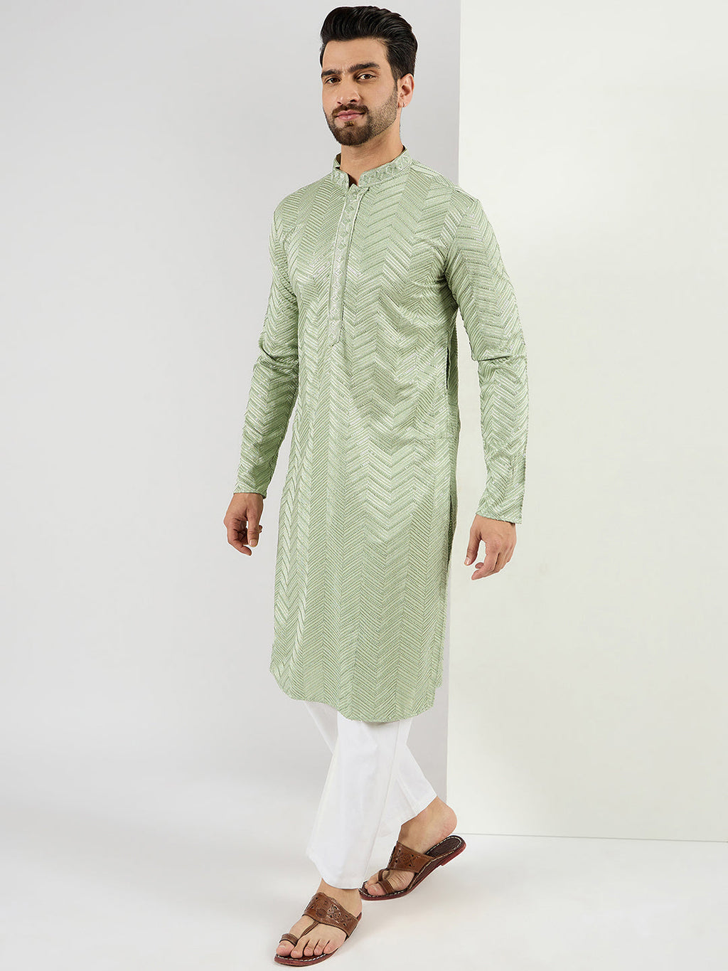 Men Green Viscose Rayon Solid Embroidered Straight Kurta with Trousers-MKSET1109