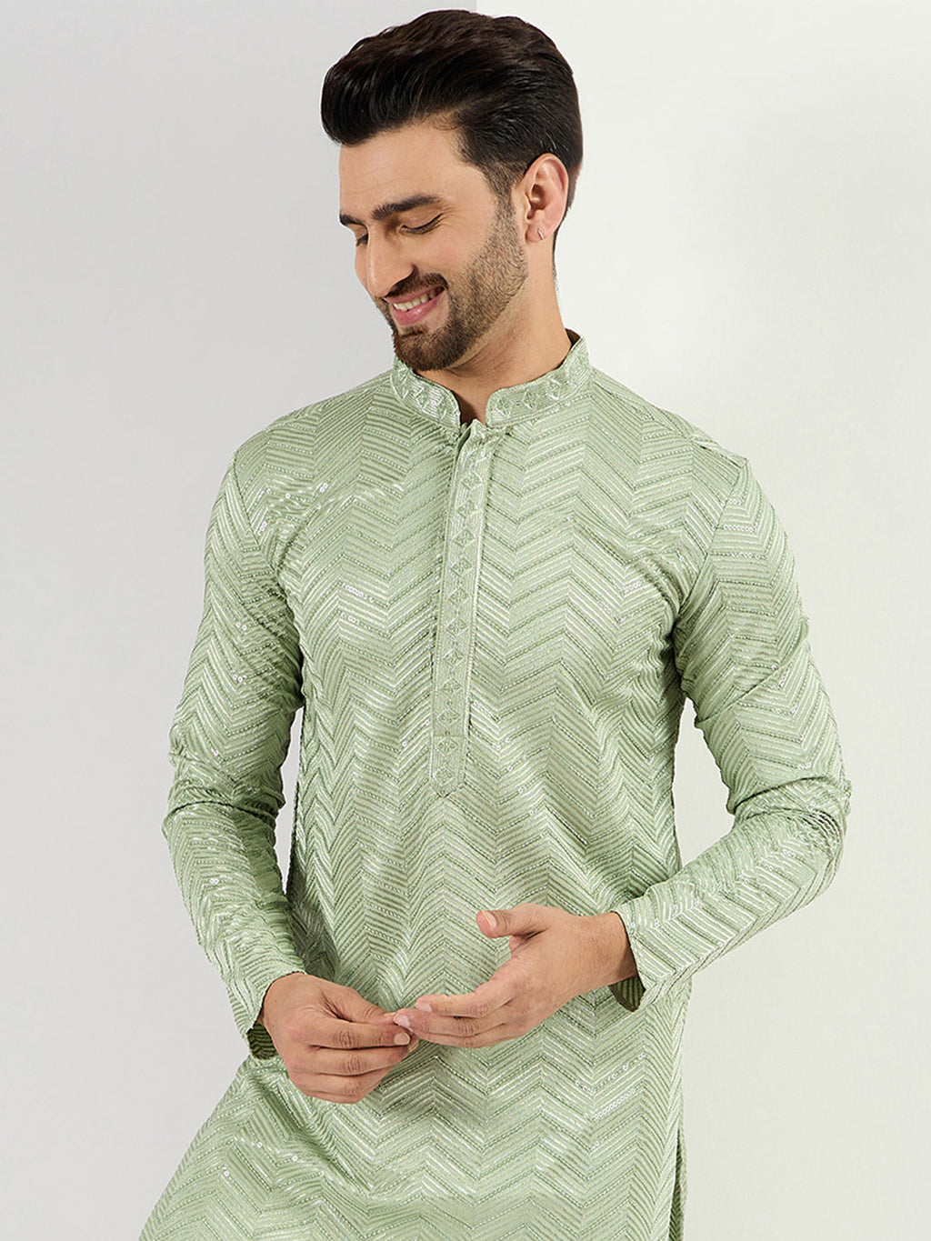 Men Green Viscose Rayon Solid Embroidered Straight Kurta with Trousers-MKSET1109