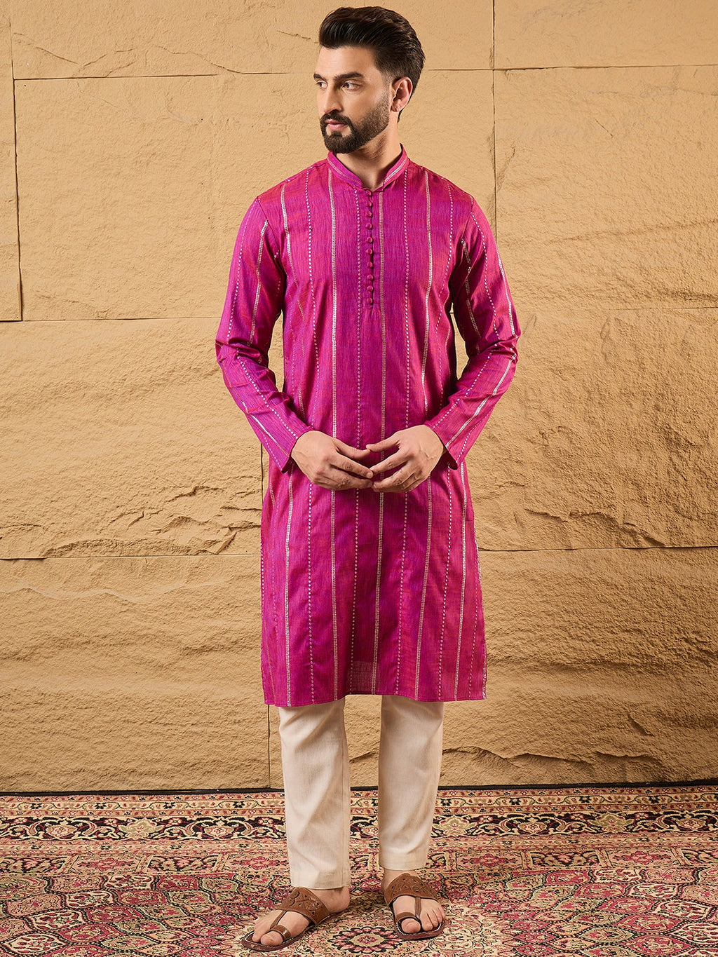 Men Pink Pure Cotton Solid Embroidered Straight Kurta with Trousers-MKSET1120