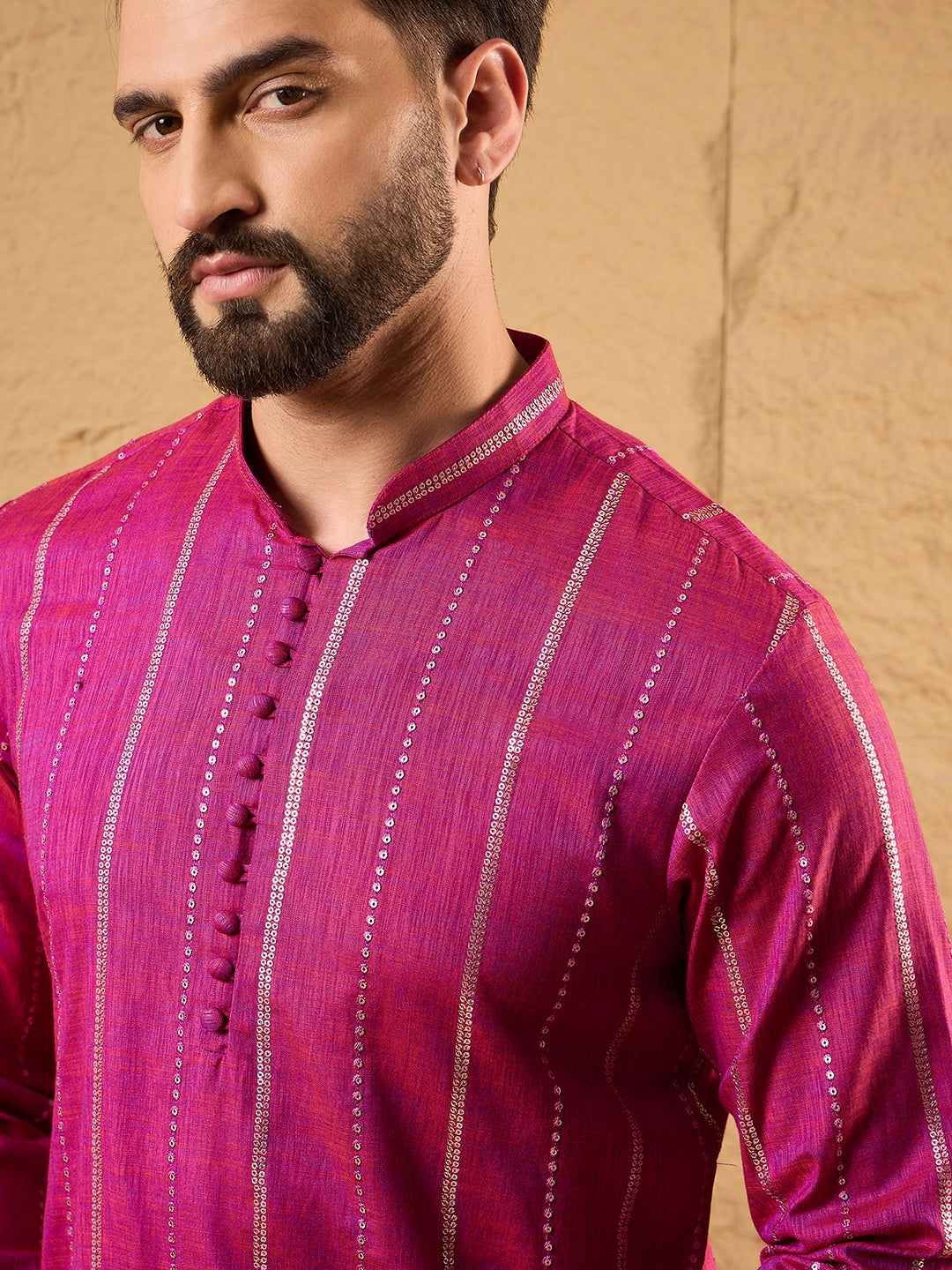 Men Pink Pure Cotton Solid Embroidered Straight Kurta with Trousers-MKSET1120