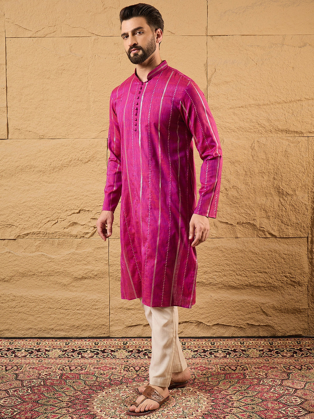 Men Pink Pure Cotton Solid Embroidered Straight Kurta with Trousers-MKSET1120