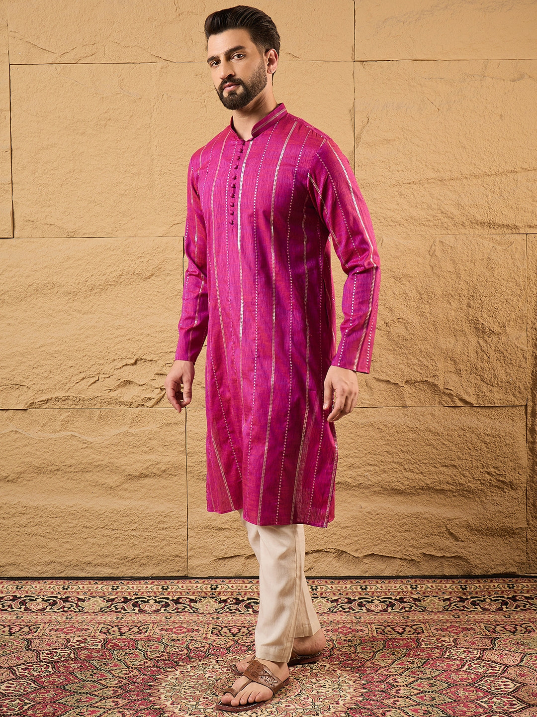 Men Pink Pure Cotton Solid Embroidered Straight Kurta with Trousers-MKSET1120