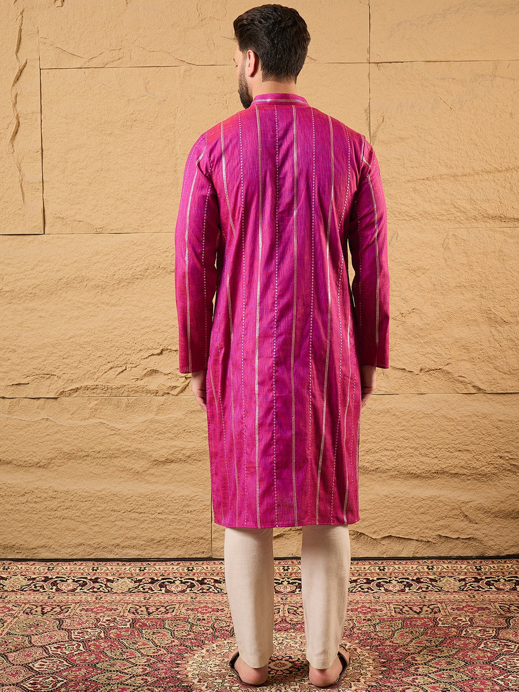 Men Pink Pure Cotton Solid Embroidered Straight Kurta with Trousers-MKSET1120
